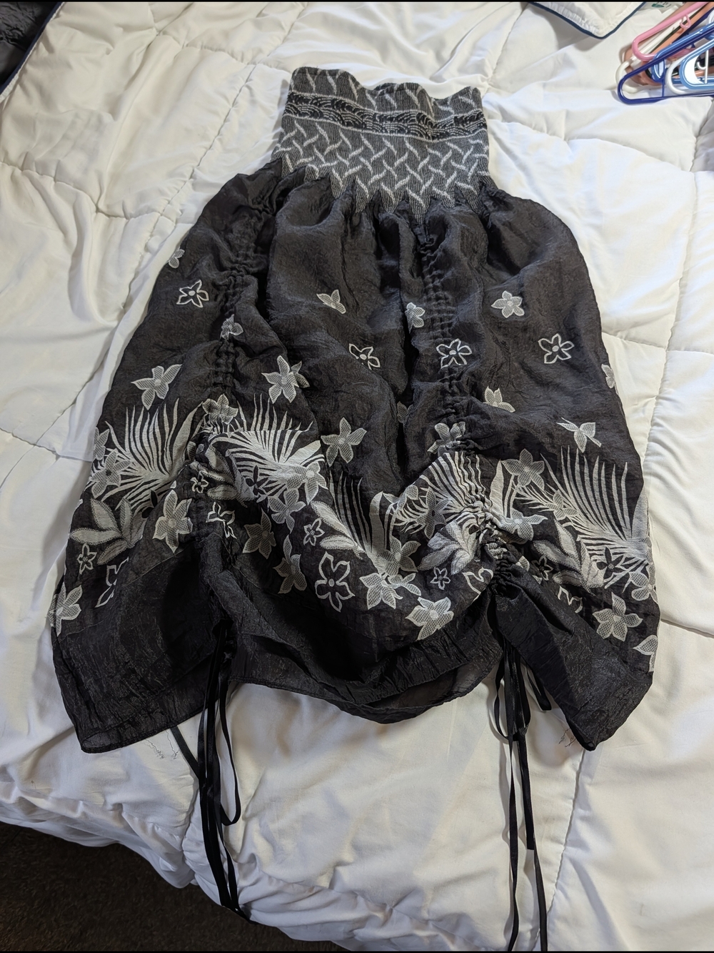 Black Floral Embroidered Maxi Skirt with Smocked Waist